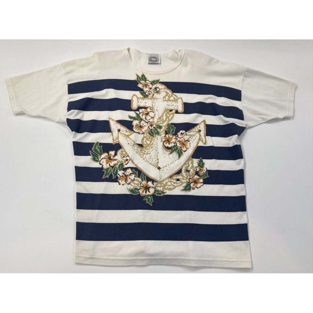 Vintage 80's Nautical Shirt Anchor Small Bling Anchor Shoulder Pads Short Sleeve